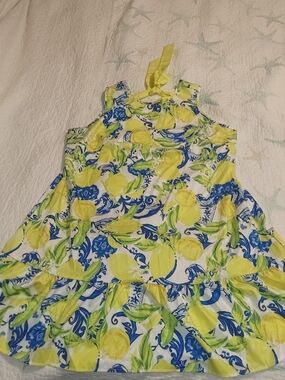 SHEIN Yellow & Blue Lemon-Print Tie In Back Sundress
